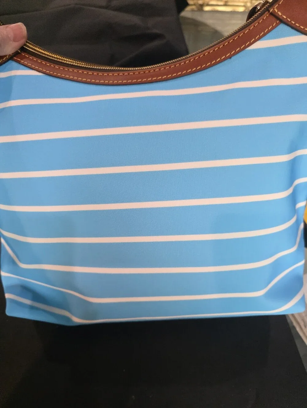 New Striped Blue & White Tote with Brown Trim - Dooney & Bourke